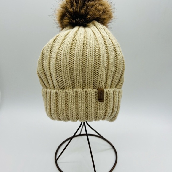 FURTALK WOMENS BEIGE ACRYLIC RIBBED KNIT BEANIE WITH FAUX FUR POM PON - Picture 6 of 10